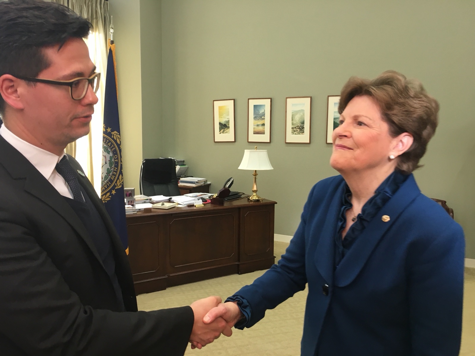 Martin-Sebastian Abel shaking hands with U.S. Senator Jeanne Shaheen (D-NH) in her Senate office